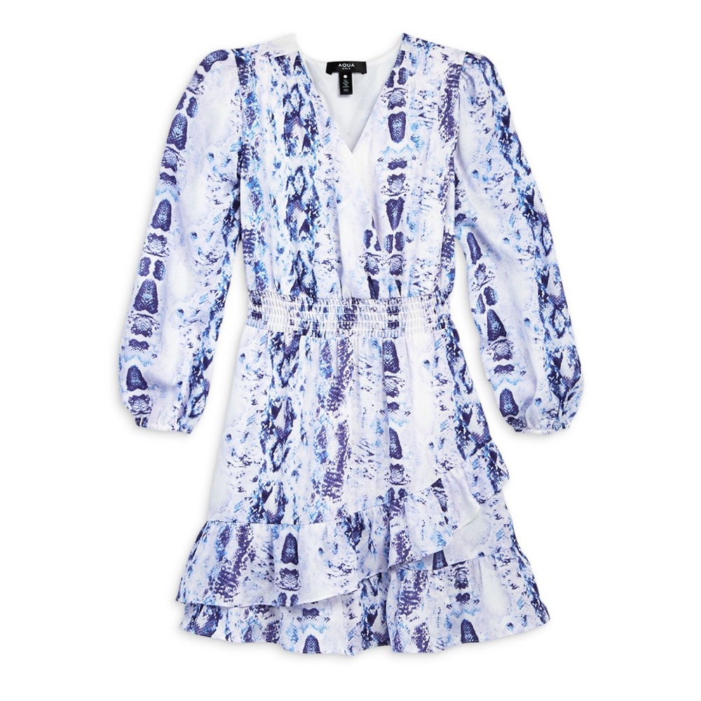 Aqua Blue & White Snake-Print Wrap Dress with Ruffle Hem